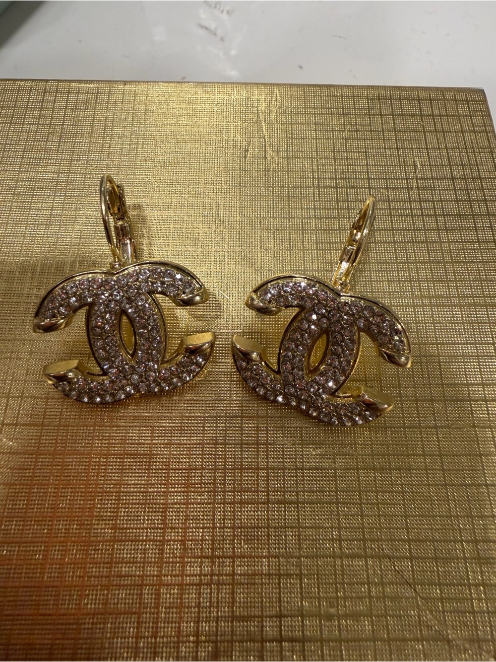 Gold Crystal Interlocking Logo Drop Earrings